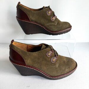 Sofft Premier Womens 7W Booties Suede Camila Havana Green Brown Wedge Lace up Bo